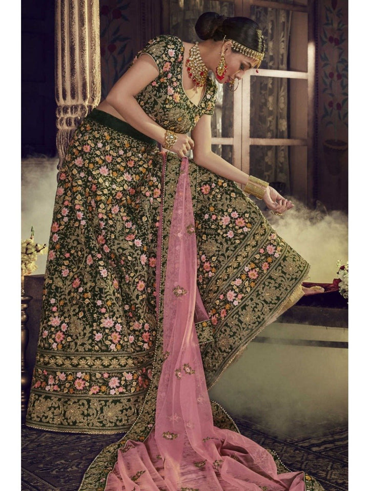 Majestic Nakkashi NAK5149 Bridal Green Velvet Pink Net Lehenga Choli - Fashion Nation