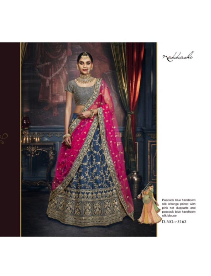 Ethnic Nakkashi NAK5163 Bridal Pink Net Peacock Blue Handloom Silk Lehenga Choli - Fashion Nation