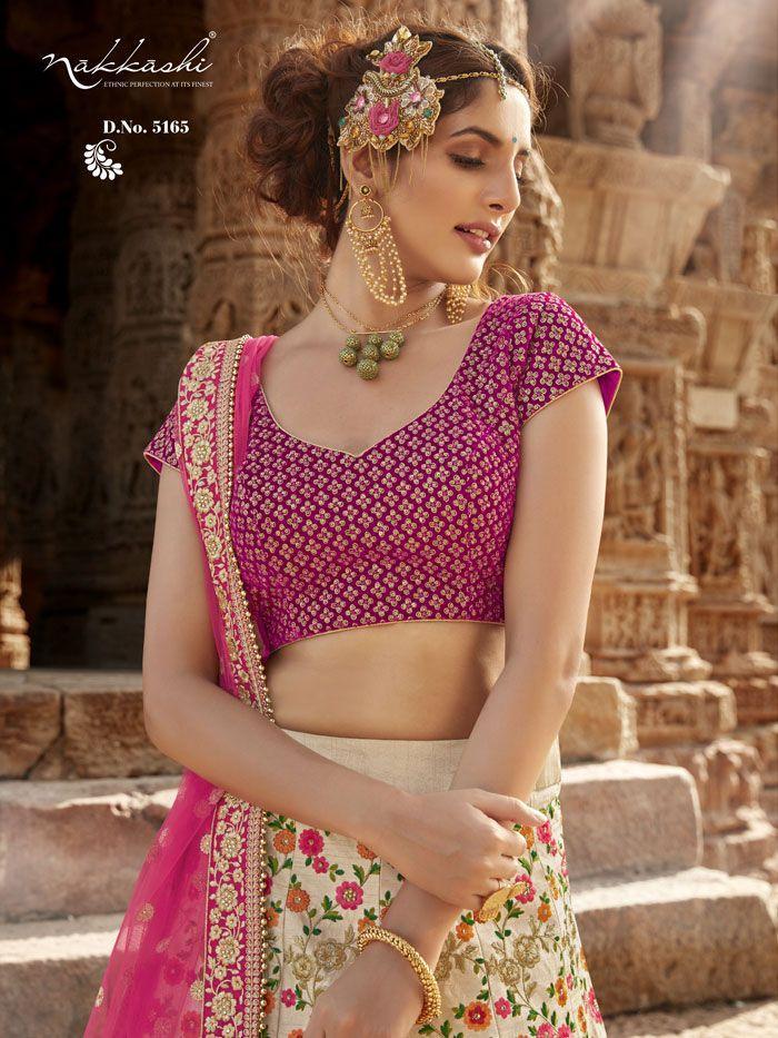 Handcrafted Nakkashi NAK5165 Bridal Beige Multicoloured Handloom Silk Lehenga Choli - Fashion Nation