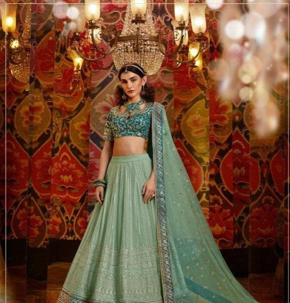 Engagement Wear Nakkashi Aqua Georgette Pretty Lehenga - Fashion Nation