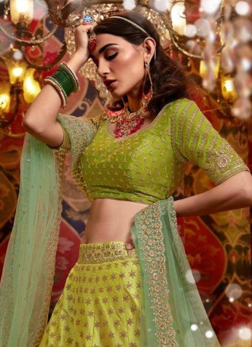 Special Occasion Wear Nakkashi Liril Green Satin Silk Lehenga Choli - Fashion Nation