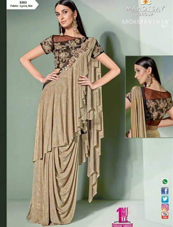 Sizzling MOH5303 Cocktail Wear Beige Brown Lycra Net Silk Indo Western Saree - Fashion Nation