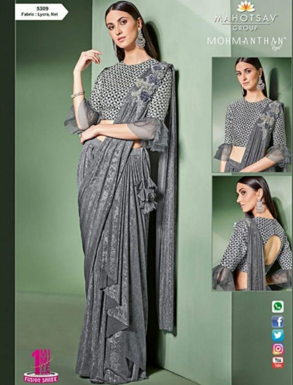 Trendy MOH5309 Cocktail Wear Grey Lycra Net Silk Indo Western Saree - Fashion Nation