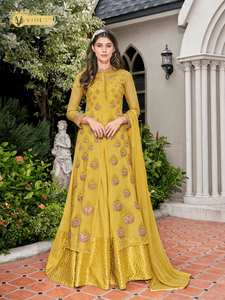 Fusion Fashion Yellow Jacquard Tissue Indo Western Gown with Long Jacket by Fashion Nation