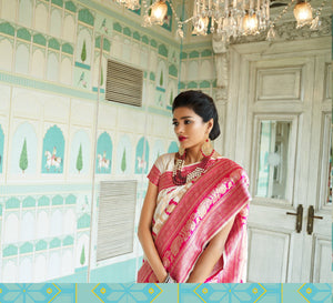 Suave RK80134 Weaving Off-White Pink Banarasi Silk Jacquard Saree - Fashion Nation