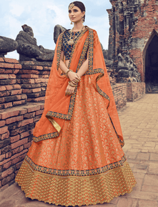 Marvellous LG18038 Charming Orange Jacquard Net Violet Brocade Lehenga Choli - Fashion Nation
