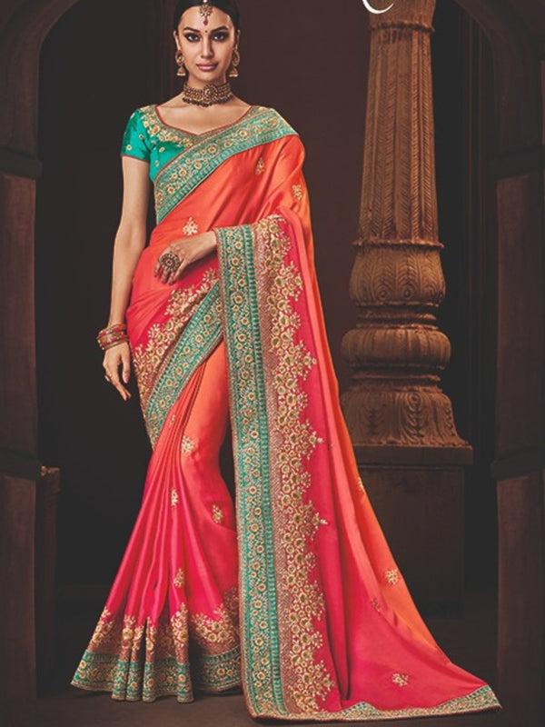 Finest Nakkashi NAK4168 Designer Pink Orange Shaded Satin Georgette Saree - Fashion Nation