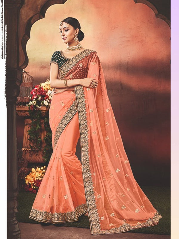 Superb Nakkashi NAK4172 Designer Orange Net Morpeach Velevt Saree - Fashion Nation