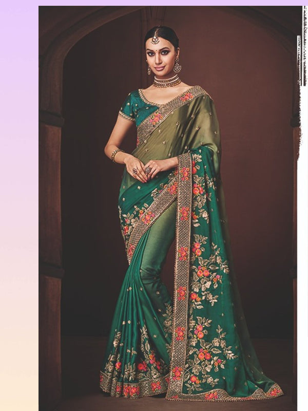 Excellent Nakkashi NAK4173 Designer Shaded Morpeach Olive Satin Georgette Saree - Fashion Nation