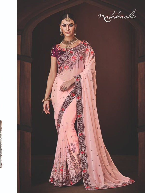 Curated Nakkashi NAK4174 Designer Peach Georgette Magenta Silk Saree - Fashion Nation