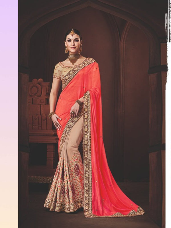 Handcrafted Nakkashi NAK4176 Designer Beige Handloom Silk Peach Silk Georgette Saree - Fashion Nation