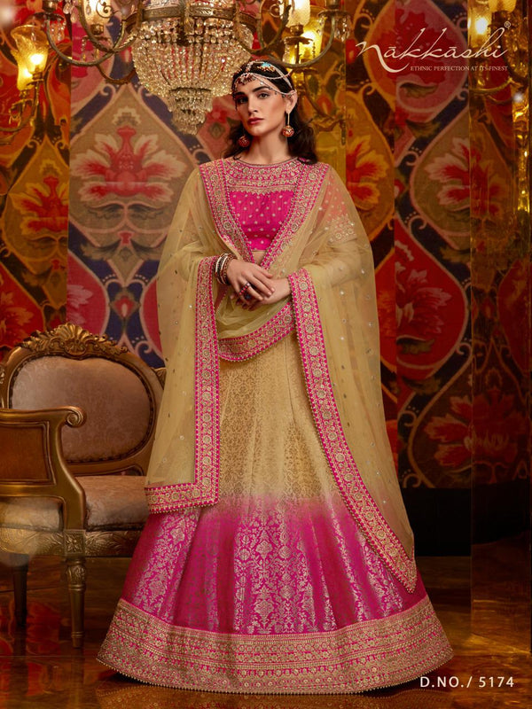 Shaadi Special Nakkashi Shaded Rani Beige Silk Lehenga Choli - Fashion Nation