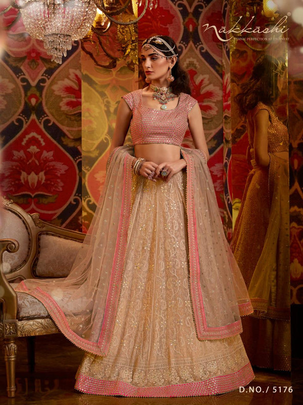 Party Wear Nakkashi Rose Gold Georgette Wedding Lehenga Choli - Fashion Nation