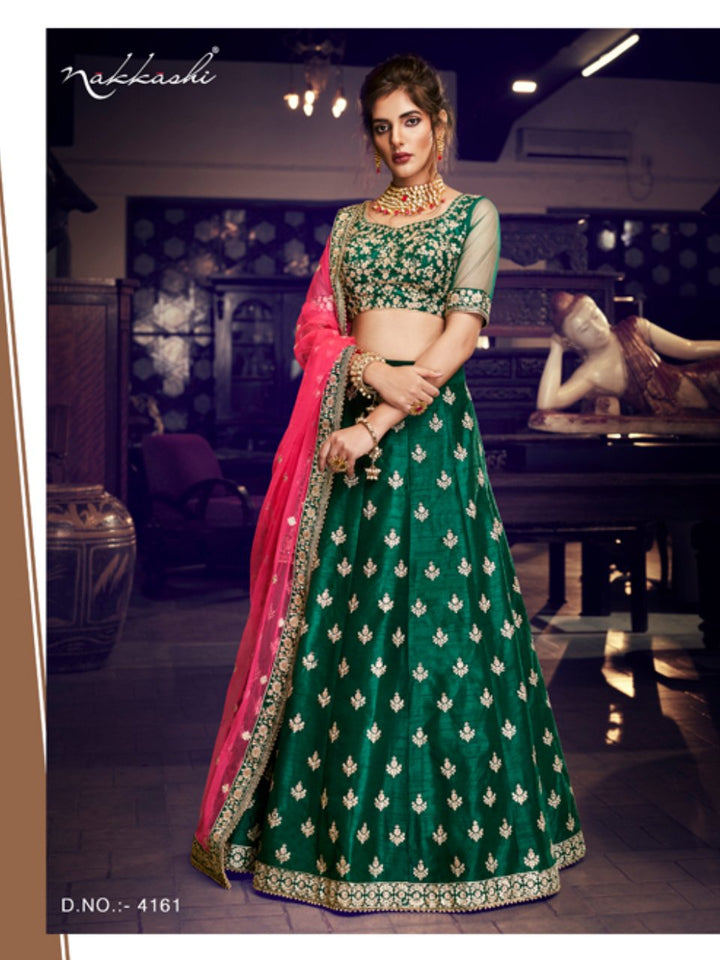 Bright Nakkashi NAK4161 Bridal Green Handloom Silk Pink Net Lehenga Choli - Fashion Nation