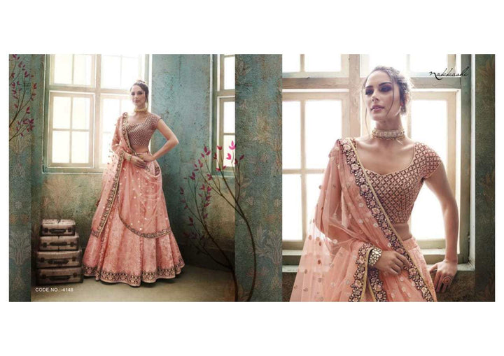 Dainty Nakkashi NAK4148 Bridal Beige Peach Satin Silk Net Lehenga Choli - Fashion Nation