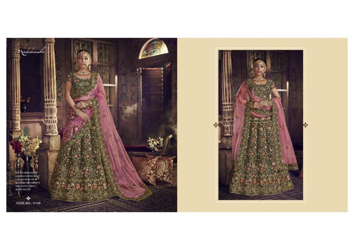 Majestic Nakkashi NAK5149 Bridal Green Velvet Pink Net Lehenga Choli - Fashion Nation